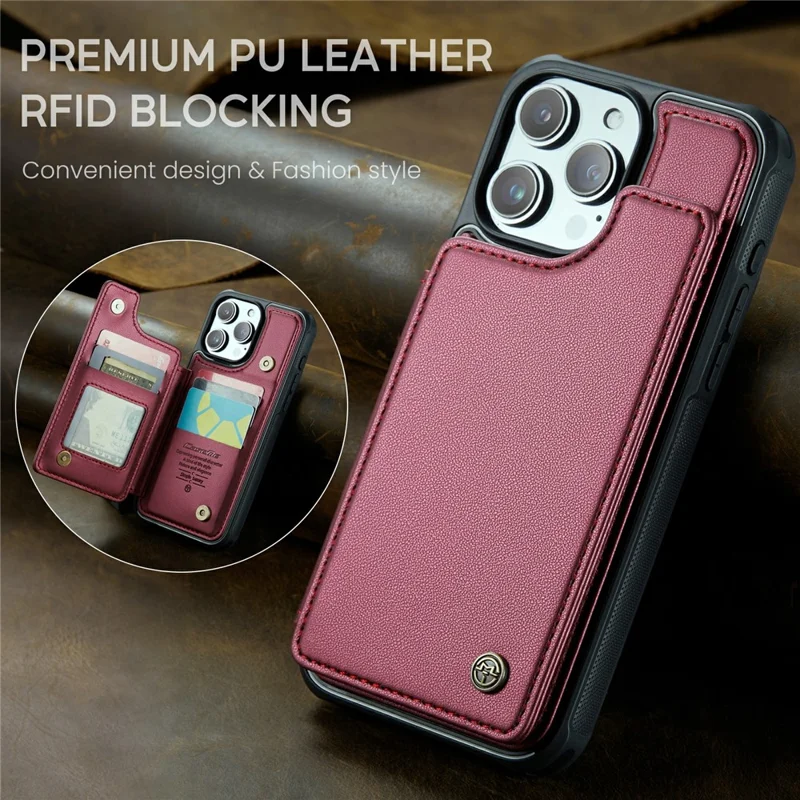 For iPhone 16 Pro Max Phone Case CASEME C22 Leather Back Cover with RFID Blocking Card Slots - Red