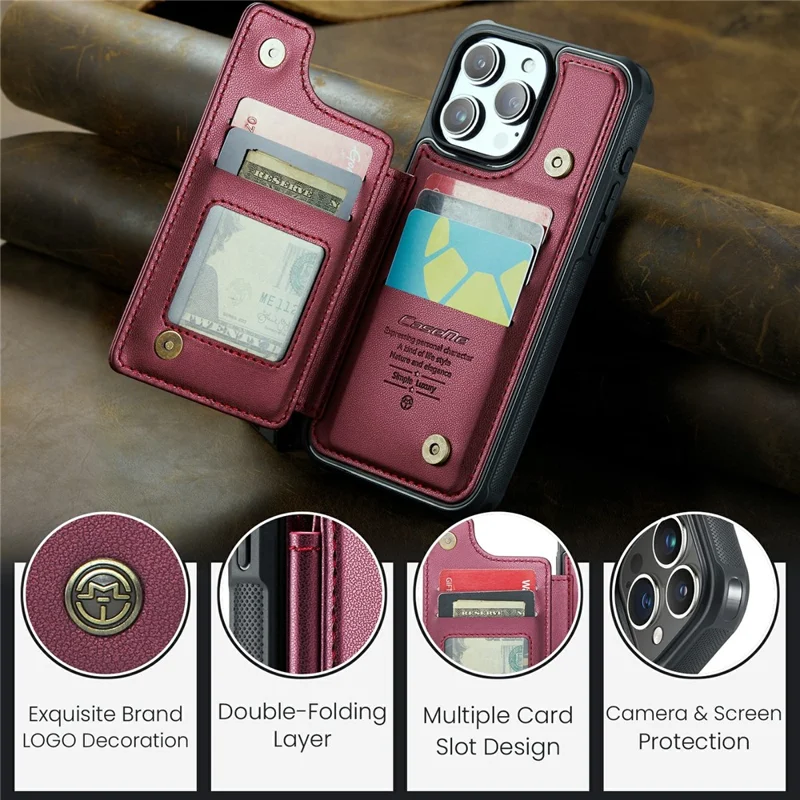 For iPhone 16 Pro Max Phone Case CASEME C22 Leather Back Cover with RFID Blocking Card Slots - Red