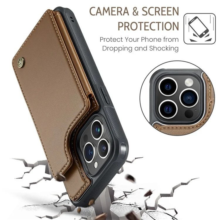 CASEME C22 Series для iPhone 16 Pro Case из кожи + TPU Чехол с защитой от RFID-сканирования и слотами для карт - коричневый