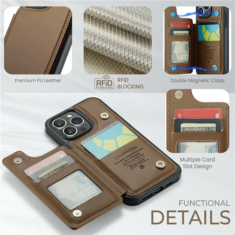 CASEME C22 Series для iPhone 16 Pro Case из кожи + TPU Чехол с защитой от RFID-сканирования и слотами для карт - коричневый