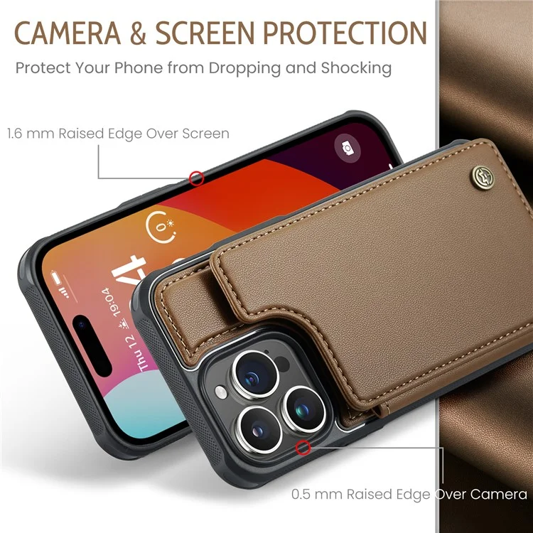 CASEME C22 Series для iPhone 16 Pro Case из кожи + TPU Чехол с защитой от RFID-сканирования и слотами для карт - коричневый