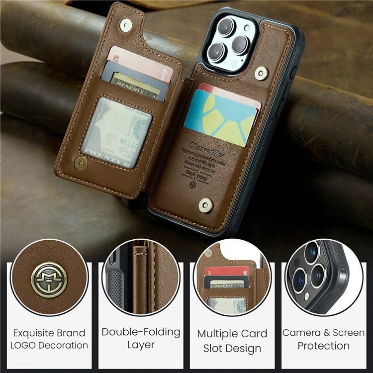 CASEME C22 Series для iPhone 16 Pro Case из кожи + TPU Чехол с защитой от RFID-сканирования и слотами для карт - коричневый