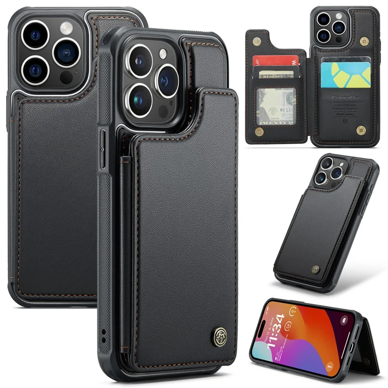 For iPhone 16 Pro Phone Case CASEME C22 Leather Back Cover with RFID Blocking Card Slots - Black