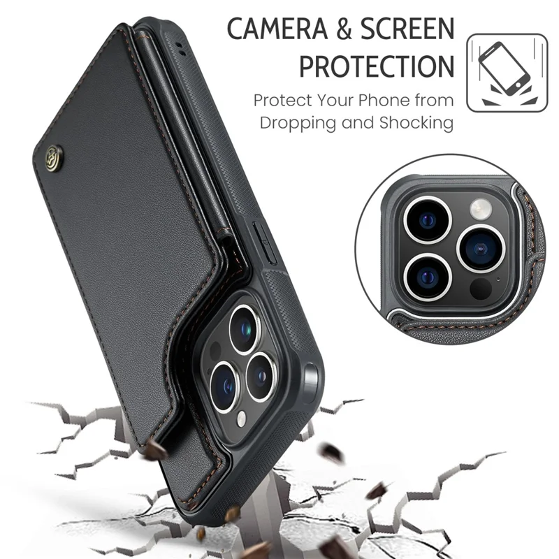 For iPhone 16 Pro Phone Case CASEME C22 Leather Back Cover with RFID Blocking Card Slots - Black