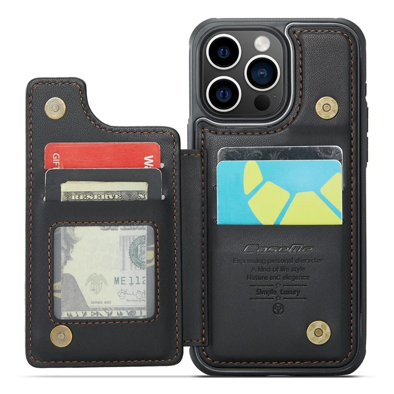 For iPhone 16 Pro Phone Case CASEME C22 Leather Back Cover with RFID Blocking Card Slots - Black