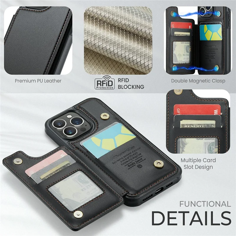 For iPhone 16 Pro Phone Case CASEME C22 Leather Back Cover with RFID Blocking Card Slots - Black