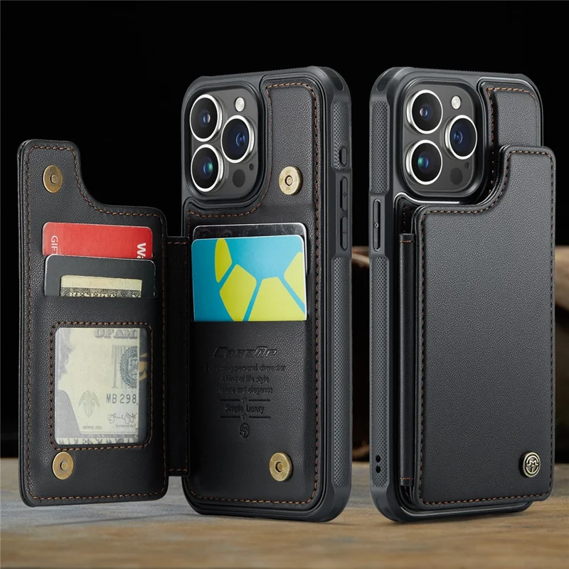 For iPhone 16 Pro Phone Case CASEME C22 Leather Back Cover with RFID Blocking Card Slots - Black