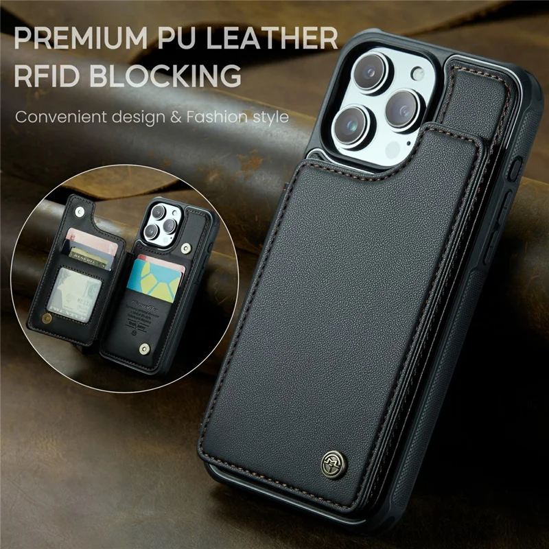 For iPhone 16 Pro Phone Case CASEME C22 Leather Back Cover with RFID Blocking Card Slots - Black