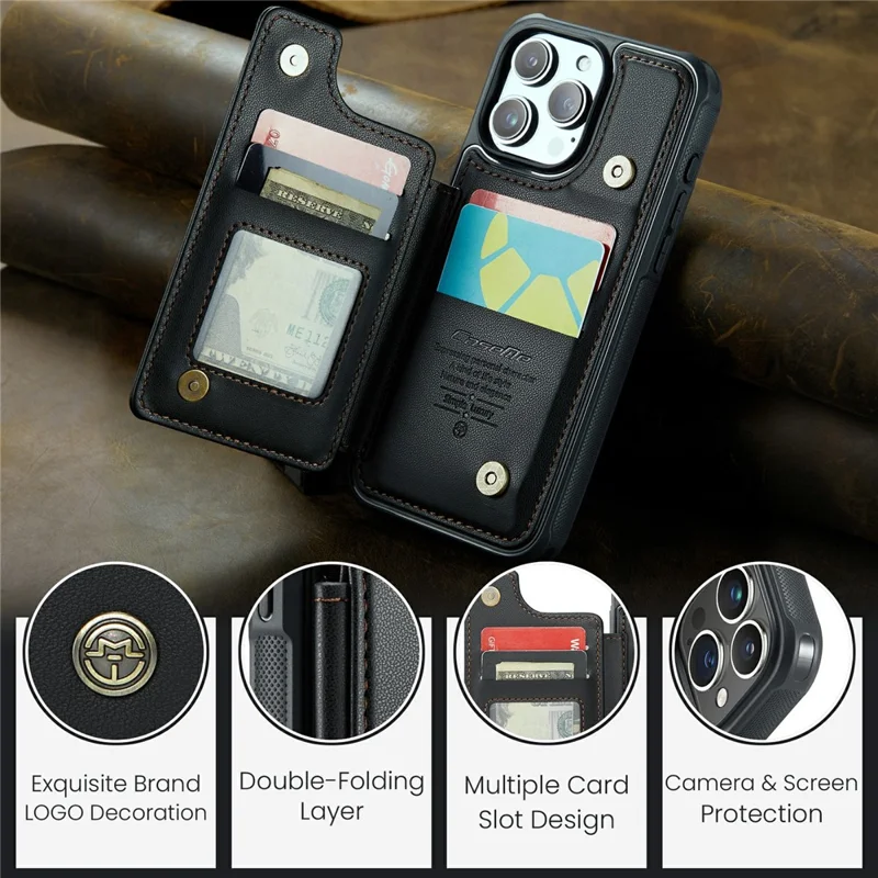 For iPhone 16 Pro Phone Case CASEME C22 Leather Back Cover with RFID Blocking Card Slots - Black
