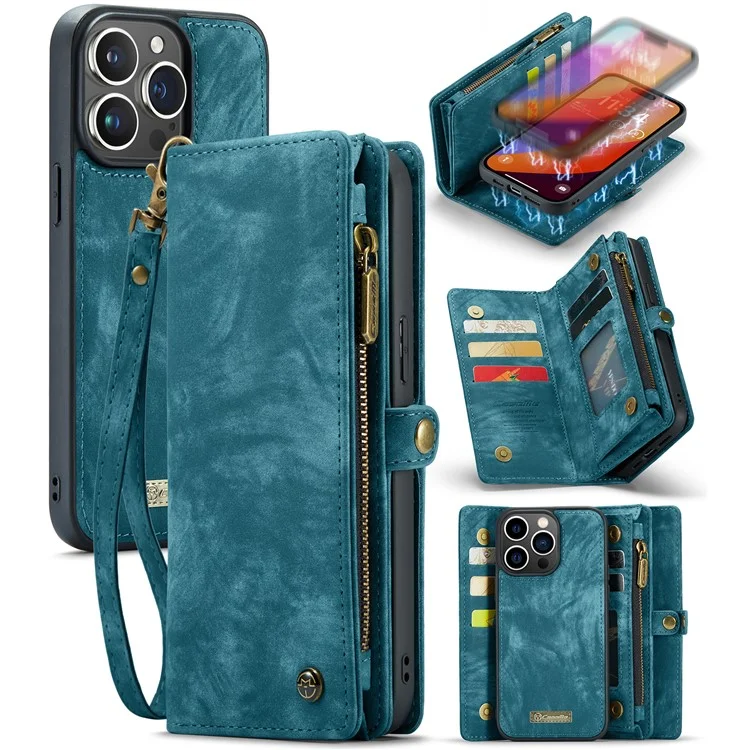 For iPhone 16 Pro Phone Cases CASEME Leather Cover with Detachable Wallet and Strap - Blue