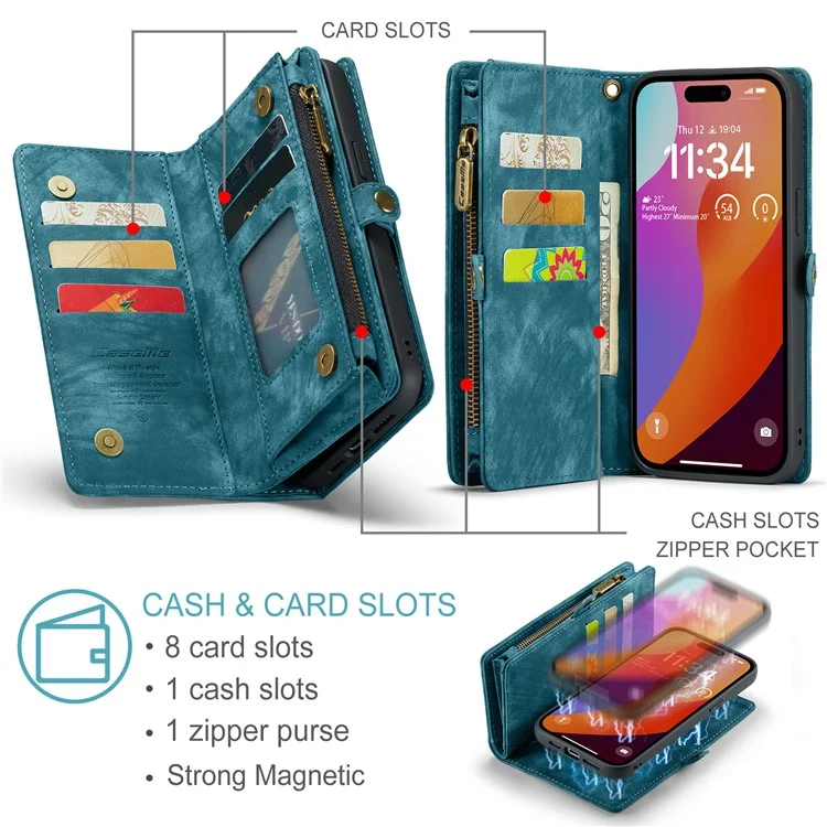 For iPhone 16 Pro Phone Cases CASEME Leather Cover with Detachable Wallet and Strap - Blue