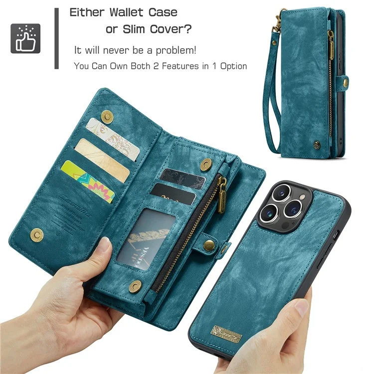 For iPhone 16 Pro Phone Cases CASEME Leather Cover with Detachable Wallet and Strap - Blue