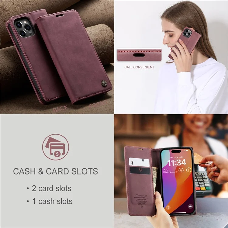 CASEME 013 Serie für iPhone 16 Pro Case Kartenfach Ständer Leder Handyhülle - Rot