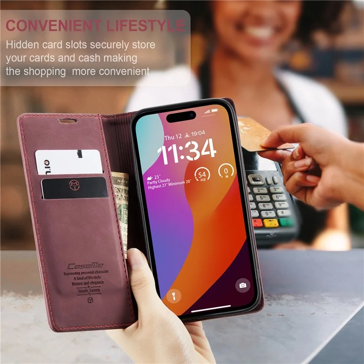 CASEME 013 Serie für iPhone 16 Pro Case Kartenfach Ständer Leder Handyhülle - Rot