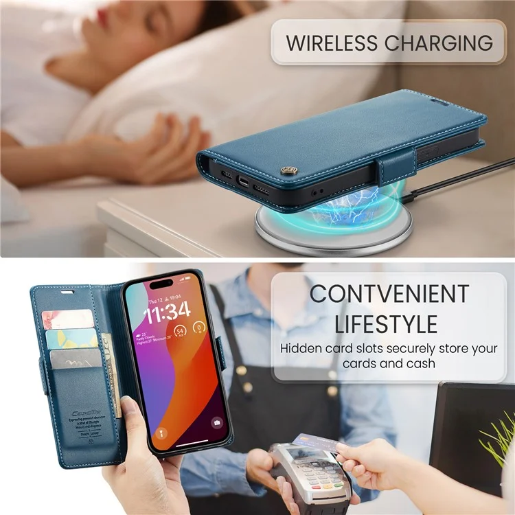 For iPhone 16 Pro Leather Case CASEME 023 RFID Blocking 3 Card Slot Mobile Cover - Blue