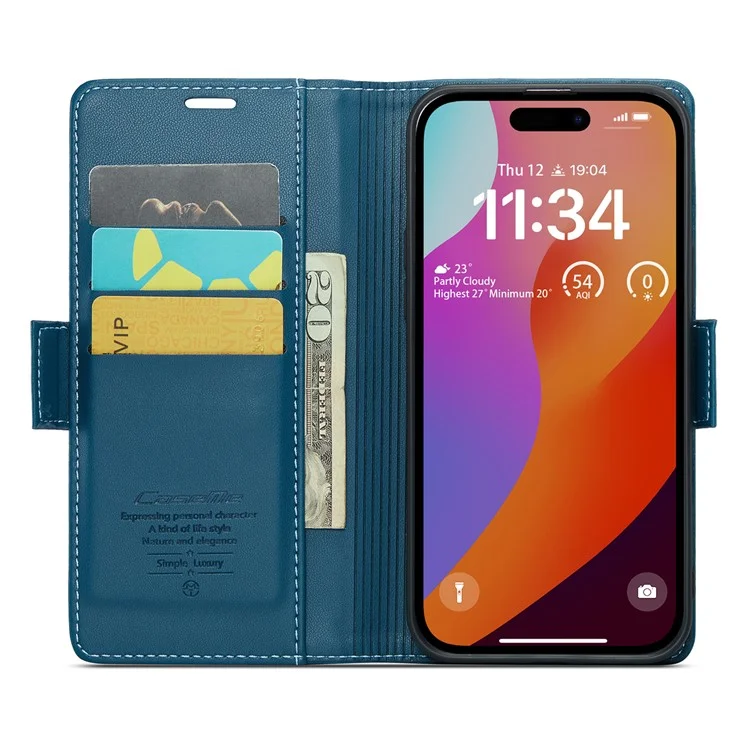 For iPhone 16 Pro Leather Case CASEME 023 RFID Blocking 3 Card Slot Mobile Cover - Blue