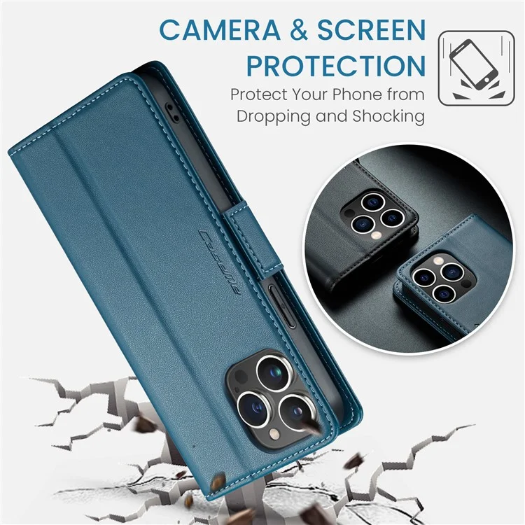 For iPhone 16 Pro Leather Case CASEME 023 RFID Blocking 3 Card Slot Mobile Cover - Blue