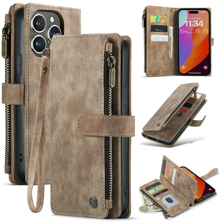CASEME C30 Serie für iPhone 16 Pro Max Hülle Leder Handyhülle mit 10 Kartenfächern Reißverschlusstaschen - Braun