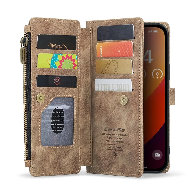 CASEME C30 Serie für iPhone 16 Pro Max Hülle Leder Handyhülle mit 10 Kartenfächern Reißverschlusstaschen - Braun