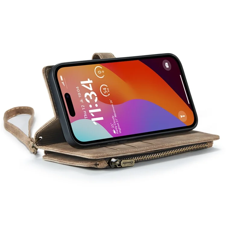 CASEME C30 Serie für iPhone 16 Pro Max Hülle Leder Handyhülle mit 10 Kartenfächern Reißverschlusstaschen - Braun