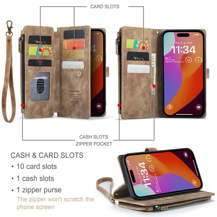 CASEME C30 Serie für iPhone 16 Pro Max Hülle Leder Handyhülle mit 10 Kartenfächern Reißverschlusstaschen - Braun