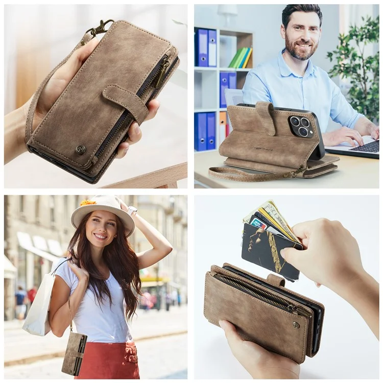 CASEME C30 Serie für iPhone 16 Pro Max Hülle Leder Handyhülle mit 10 Kartenfächern Reißverschlusstaschen - Braun