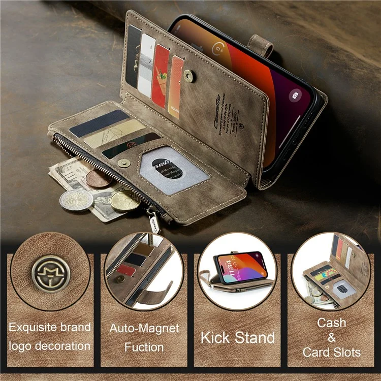 CASEME C30 Serie für iPhone 16 Pro Max Hülle Leder Handyhülle mit 10 Kartenfächern Reißverschlusstaschen - Braun