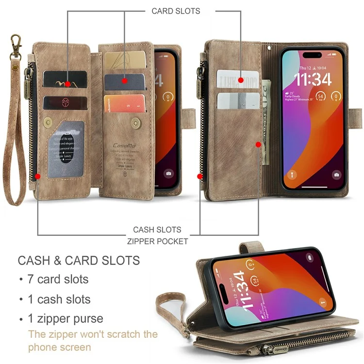 Capa CASEME C30 Series para iPhone 16 Pro, em Couro PU com 7 Compartimentos para Cartões - Marrom