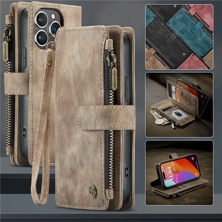 Capa CASEME C30 Series para iPhone 16 Pro, em Couro PU com 7 Compartimentos para Cartões - Marrom