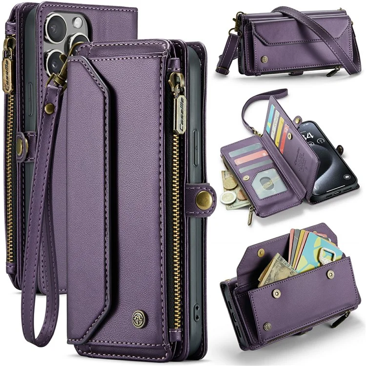For iPhone 16 Pro Max Leather Case CASEME C36 Zipper Multiple Card Slots Phone Cover with Straps - Purple