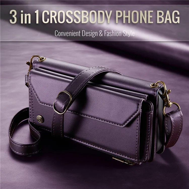 For iPhone 16 Pro Max Leather Case CASEME C36 Zipper Multiple Card Slots Phone Cover with Straps - Purple