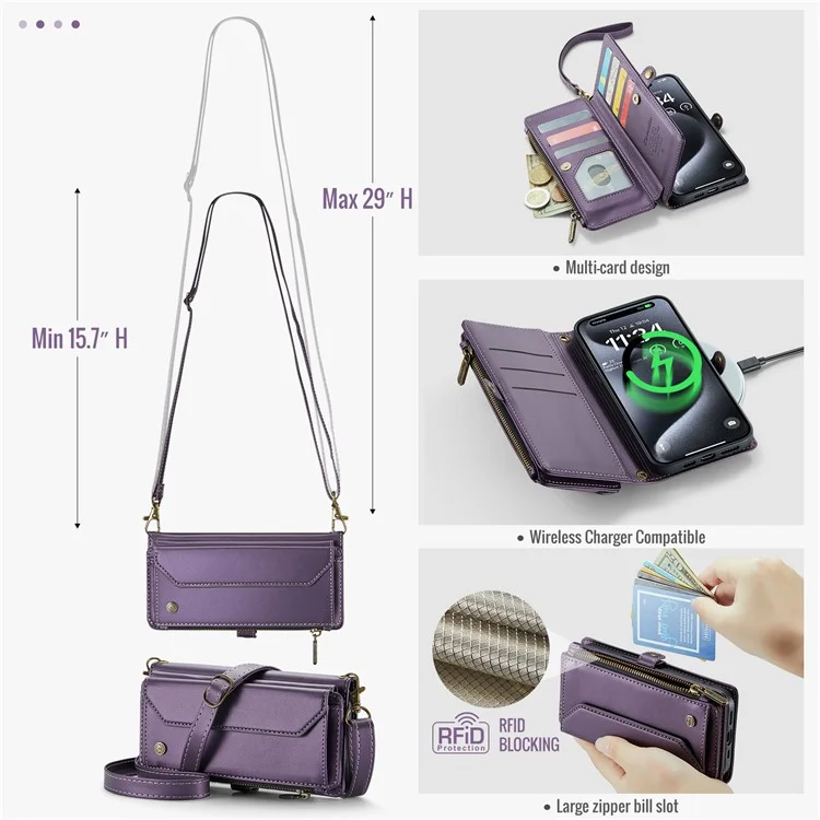 For iPhone 16 Pro Max Leather Case CASEME C36 Zipper Multiple Card Slots Phone Cover with Straps - Purple