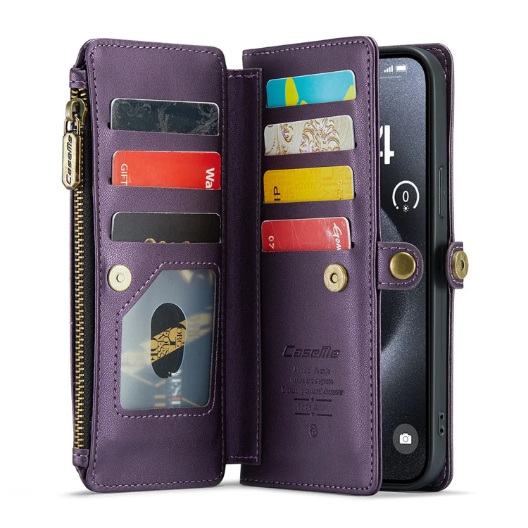For iPhone 16 Pro Max Leather Case CASEME C36 Zipper Multiple Card Slots Phone Cover with Straps - Purple