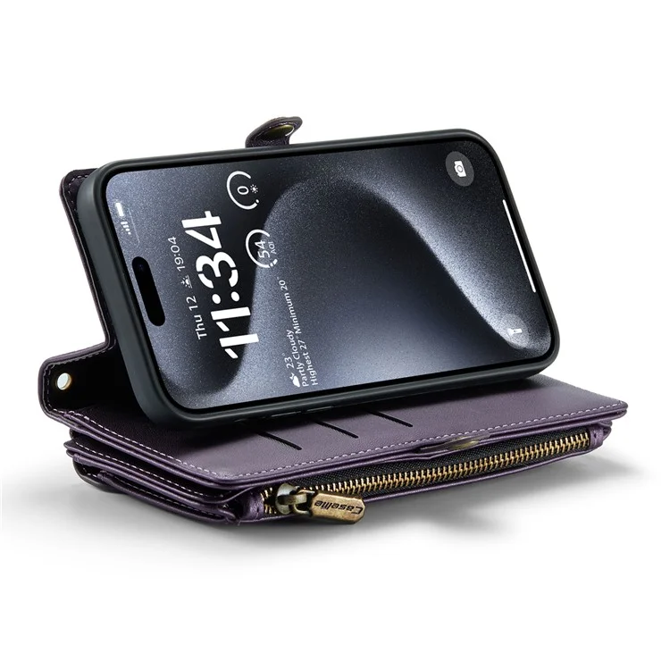For iPhone 16 Pro Max Leather Case CASEME C36 Zipper Multiple Card Slots Phone Cover with Straps - Purple