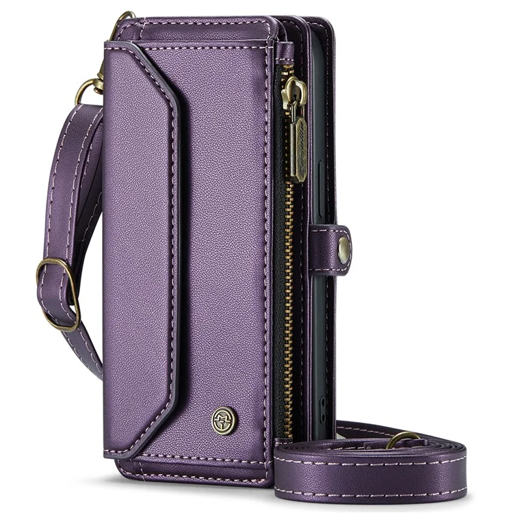 For iPhone 16 Pro Max Leather Case CASEME C36 Zipper Multiple Card Slots Phone Cover with Straps - Purple