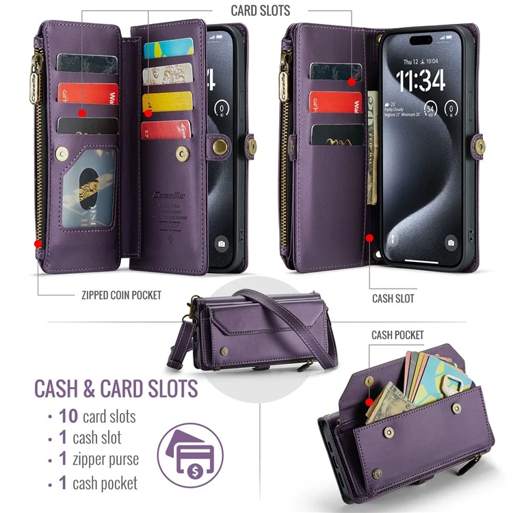 For iPhone 16 Pro Max Leather Case CASEME C36 Zipper Multiple Card Slots Phone Cover with Straps - Purple