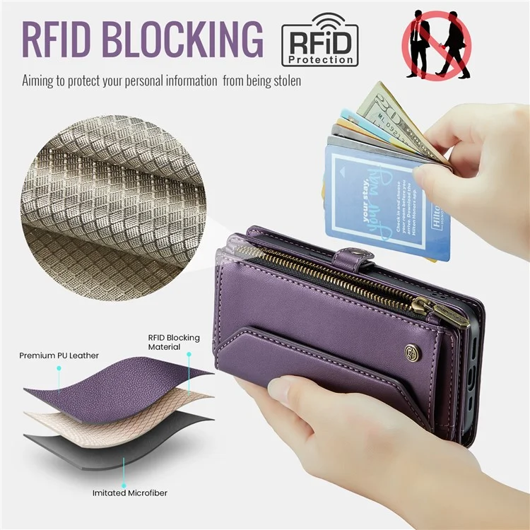 For iPhone 16 Pro Max Leather Case CASEME C36 Zipper Multiple Card Slots Phone Cover with Straps - Purple