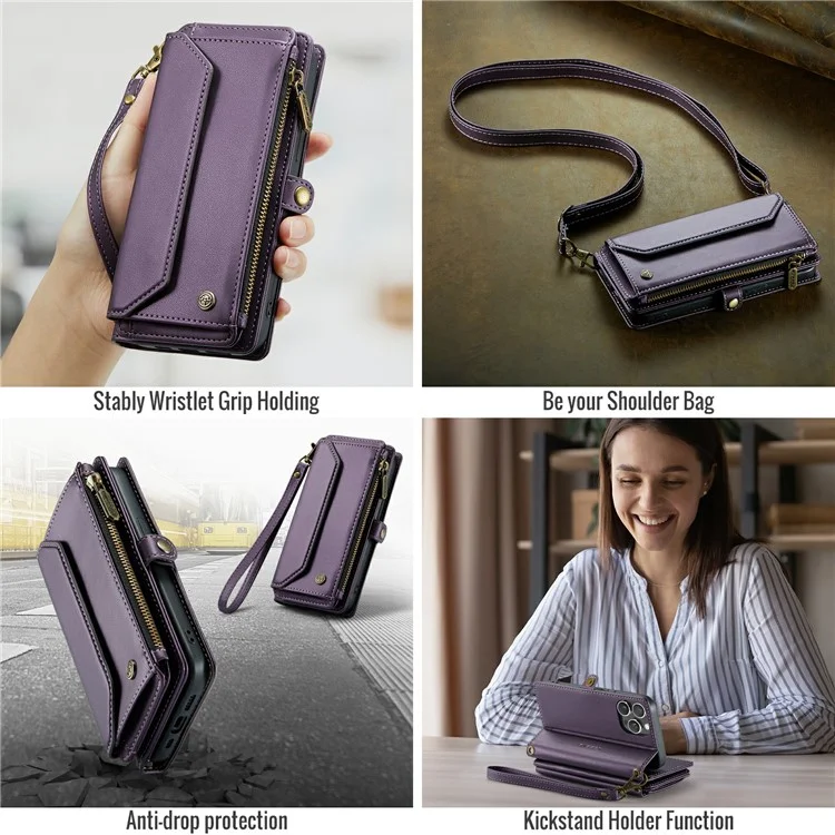 For iPhone 16 Pro Max Leather Case CASEME C36 Zipper Multiple Card Slots Phone Cover with Straps - Purple