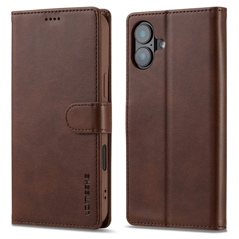 LC.IMEEKE For iPhone 16 Plus Case Calf Texture PU Leather Stand Wallet Phone Cover - Brown