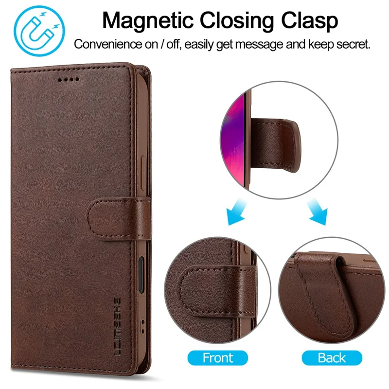 LC.IMEEKE For iPhone 16 Plus Case Calf Texture PU Leather Stand Wallet Phone Cover - Brown