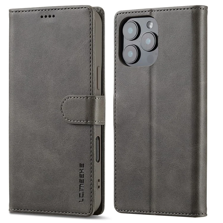 LC.IMEEKE Per iPhone 16 Pro Case Calf Texture PU Leather Stand Wallet Phone Cover - Grigio