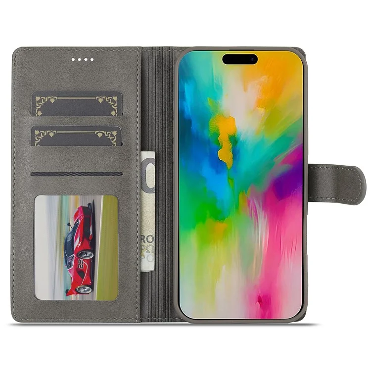 LC.IMEEKE Per iPhone 16 Pro Case Calf Texture PU Leather Stand Wallet Phone Cover - Grigio