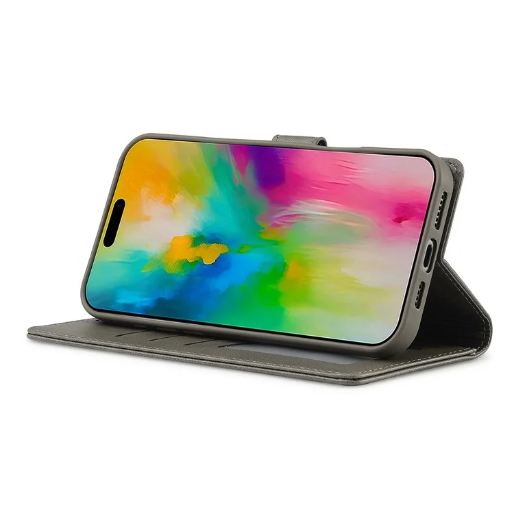 LC.IMEEKE Per iPhone 16 Pro Case Calf Texture PU Leather Stand Wallet Phone Cover - Grigio