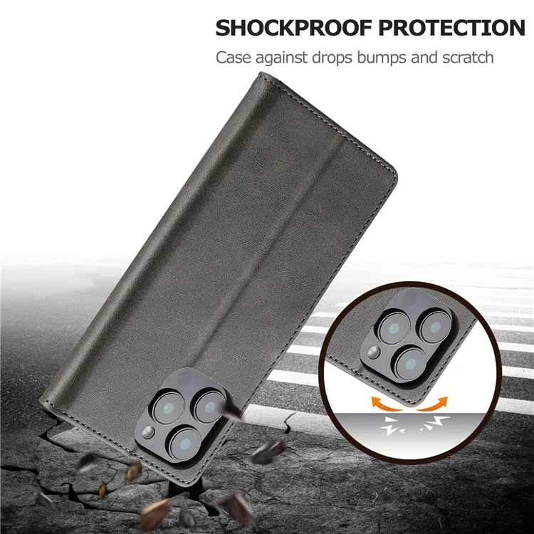 LC.IMEEKE Per iPhone 16 Pro Case Calf Texture PU Leather Stand Wallet Phone Cover - Grigio
