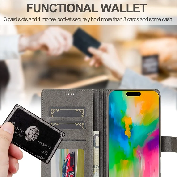 LC.IMEEKE Per iPhone 16 Pro Case Calf Texture PU Leather Stand Wallet Phone Cover - Grigio
