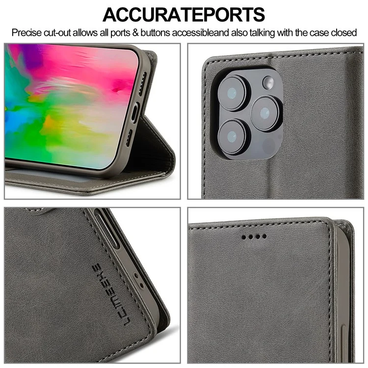 LC.IMEEKE Per iPhone 16 Pro Case Calf Texture PU Leather Stand Wallet Phone Cover - Grigio