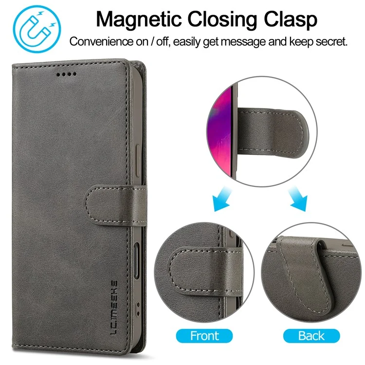 LC.IMEEKE Per iPhone 16 Pro Case Calf Texture PU Leather Stand Wallet Phone Cover - Grigio