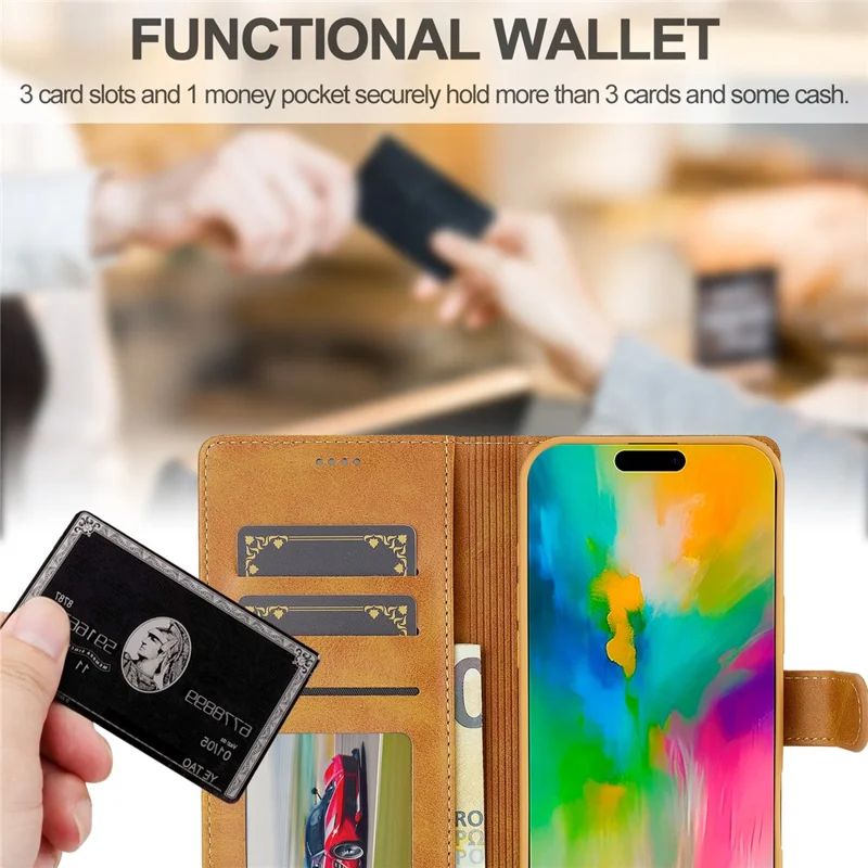 LC.IMEEKE For iPhone 16 Pro Max Case Calf Texture PU Leather Stand Wallet Phone Cover - Yellow