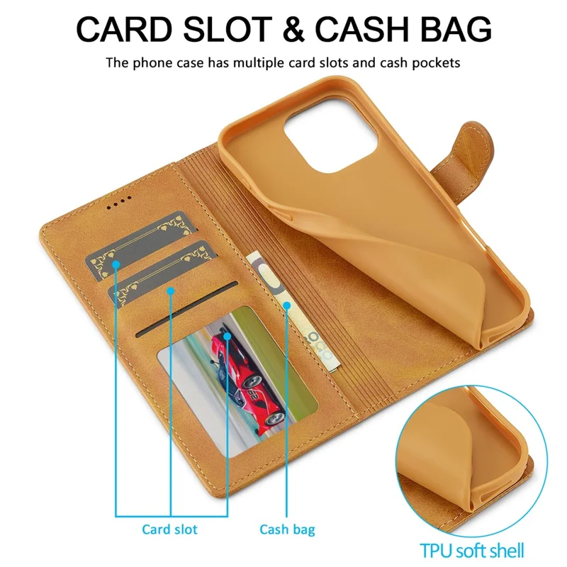 LC.IMEEKE For iPhone 16 Pro Max Case Calf Texture PU Leather Stand Wallet Phone Cover - Yellow