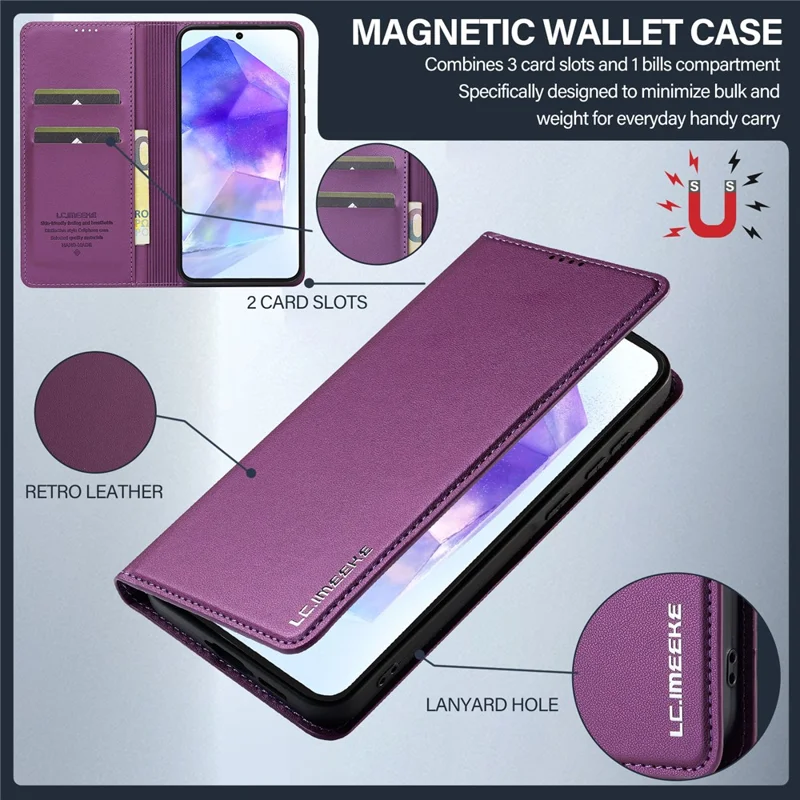LC.IMEEKE L1 Series for Samsung Galaxy S24 FE Case PU Leather Wallet Stand Protective Phone Cover - Purple